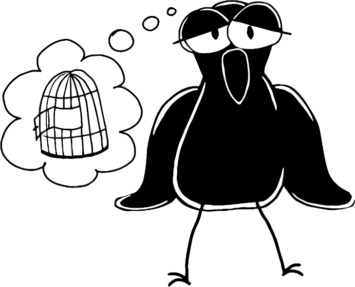 Getekende vogel van Hotel Credible die terugdenkt aan zijn kooi